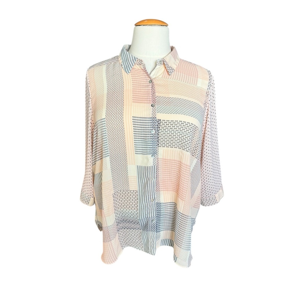 Rose + Olive Patchwork Dot Blouse 2X Button Down Shirt Pastel Geometric Print O8